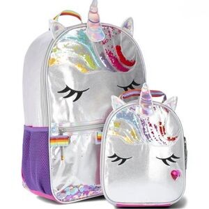NWT Unicorn Sequin Backpack and Lunch Bag Set - Silver and Pink Rainbow